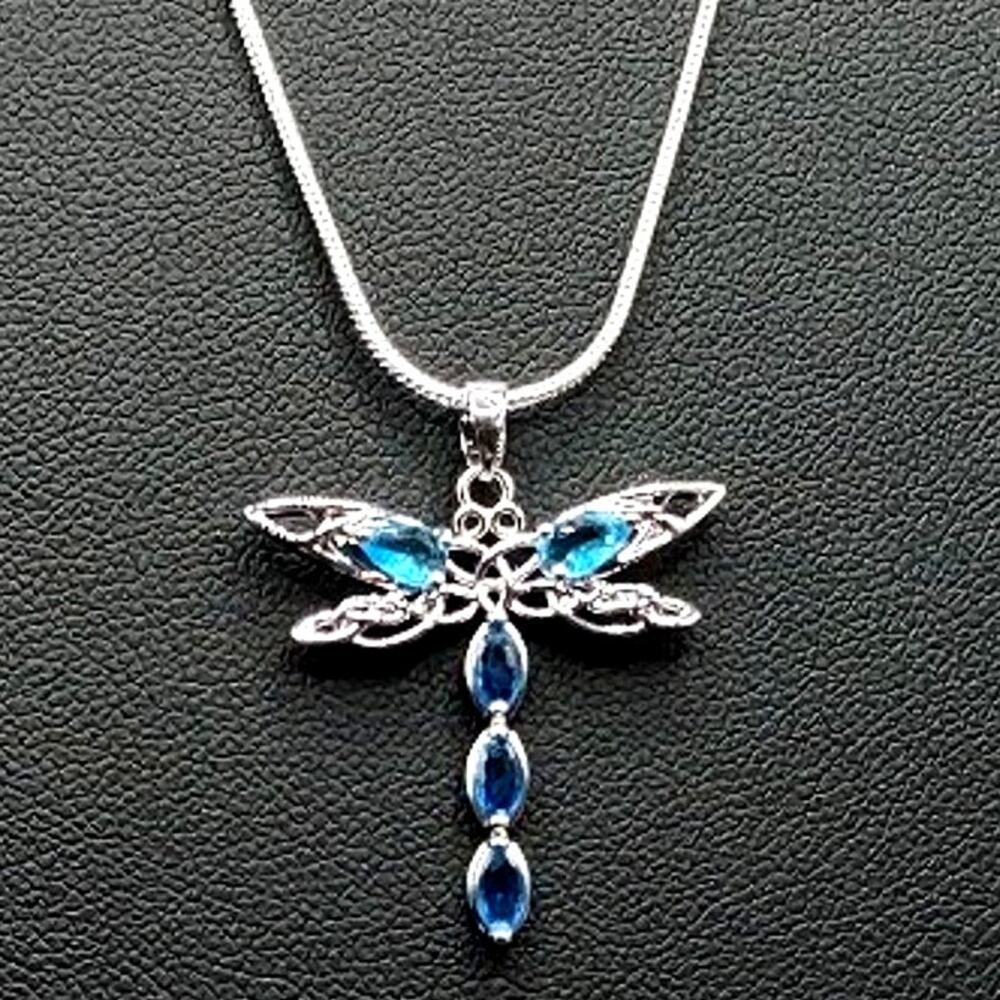925 Sterling Silver Necklace w/ Dragonfly CZ Blue Auquamarine Women's Valentines